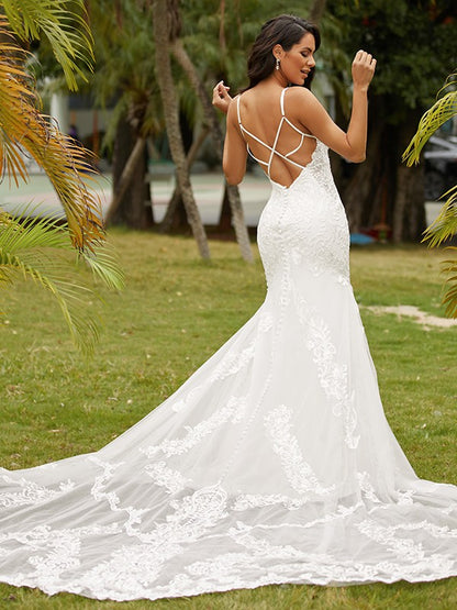 Crepe Lace Scoop Sleeveless Cathedral Train Wedding Dresses