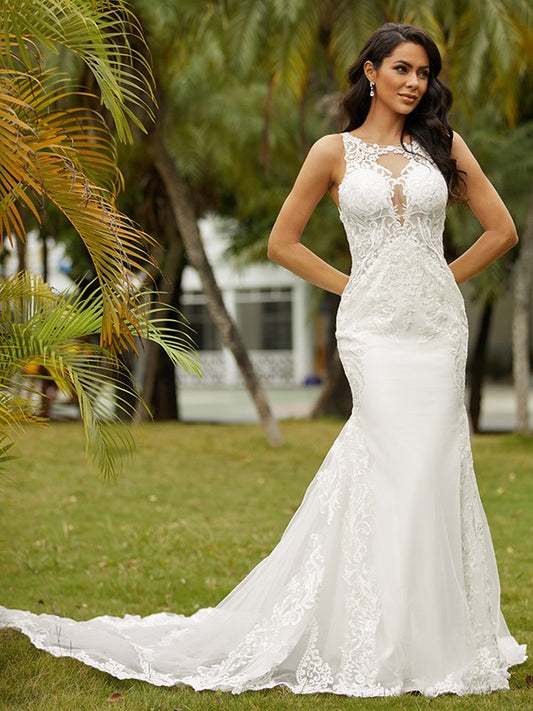 Crepe Lace Scoop Sleeveless Cathedral Train Wedding Dresses