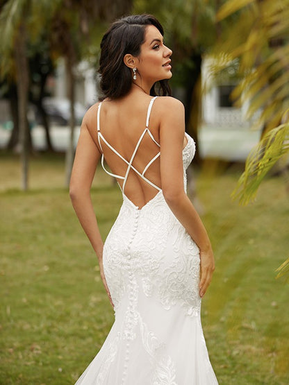 Crepe Lace Scoop Sleeveless Cathedral Train Wedding Dresses