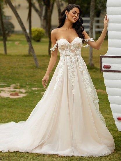 Applique Off-the-Shoulder Sleeveless Chapel Train Wedding Dresses