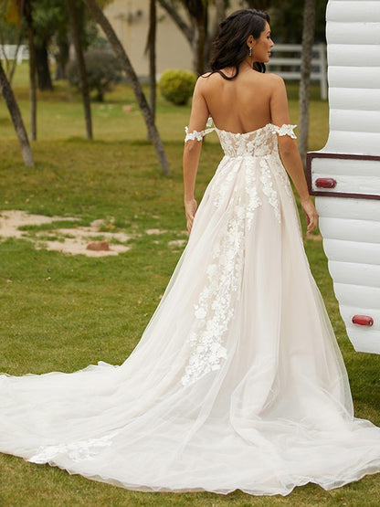 Applique Off-the-Shoulder Sleeveless Chapel Train Wedding Dresses