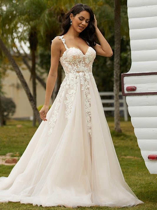 Applique Off-the-Shoulder Sleeveless Chapel Train Wedding Dresses