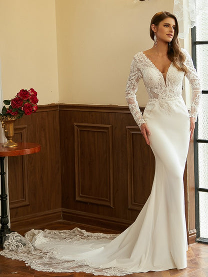 Crepe Lace V-neck Long Sleeves Cathedral Train Wedding Dresses