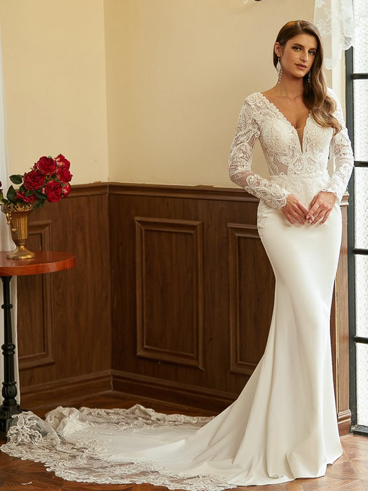 Crepe Lace V-neck Long Sleeves Cathedral Train Wedding Dresses