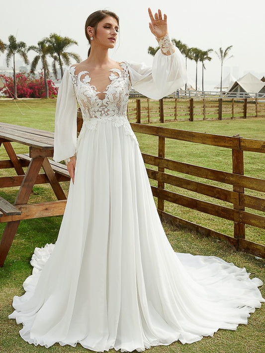 Chiffon Applique Scoop Long Sleeves Chapel Train Wedding Dresses