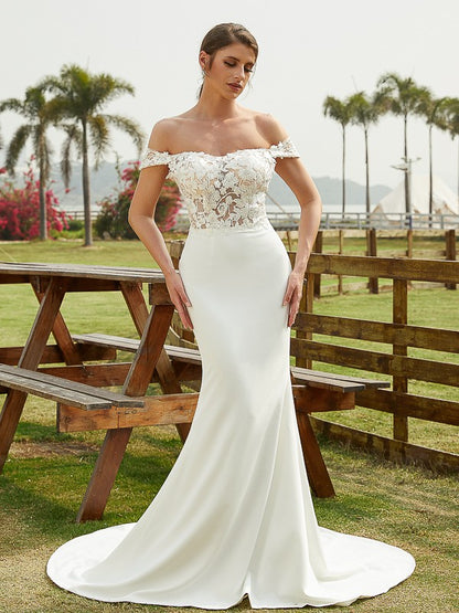 Crepe Lace Off-the-Shoulder Sleeveless Court Train Wedding Dresses