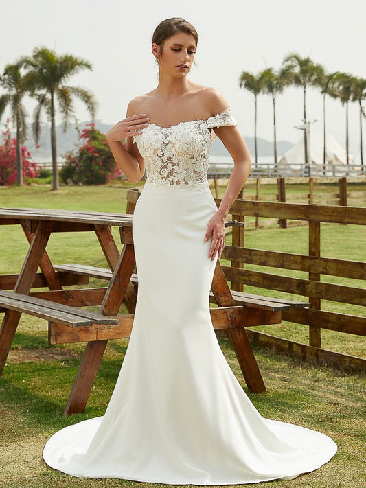 Crepe Lace Off-the-Shoulder Sleeveless Court Train Wedding Dresses