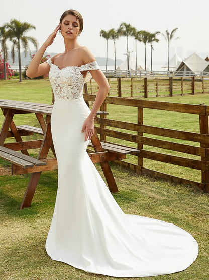 Crepe Lace Off-the-Shoulder Sleeveless Court Train Wedding Dresses
