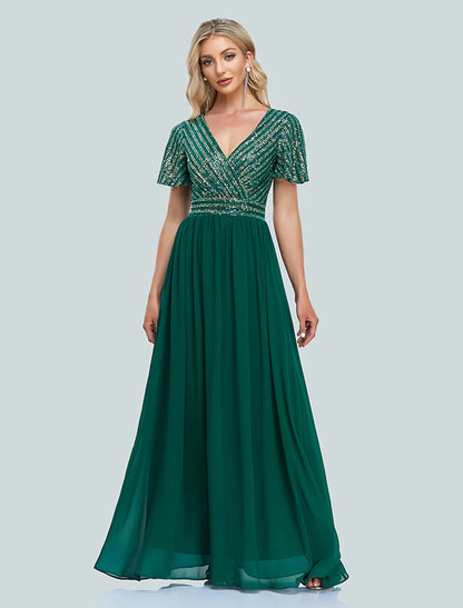 Evening Gown Elegant Dress Christmas Floor Length Short Sleeve V Neck Sequined with Sequin