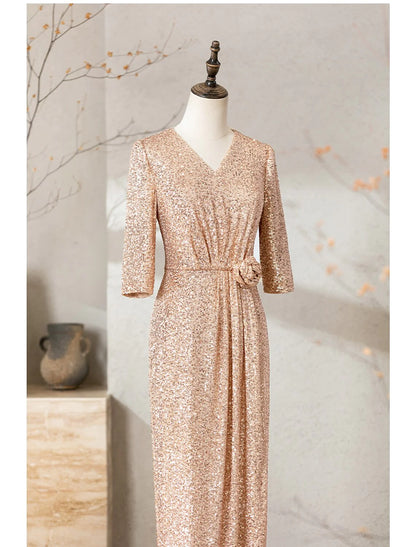 Sheath / Column Cocktail Dresses Sparkle & Shine Dress Wedding Party Floor Length Half Sleeve V Neck Sequined with Sequin Strappy