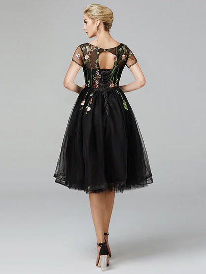 Evening Dress Illusion Neck Short Sleeve Knee Length Lace with Pleats Appliques