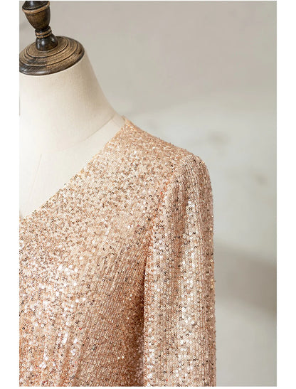 Sheath / Column Cocktail Dresses Sparkle & Shine Dress Wedding Party Floor Length Half Sleeve V Neck Sequined with Sequin Strappy