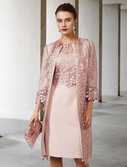 Two Piece Sheath / Column Mother of the Bride Dress Church Elegant Jewel Neck Knee Length Chiffon Lace Short Sleeve Jacket Dresses