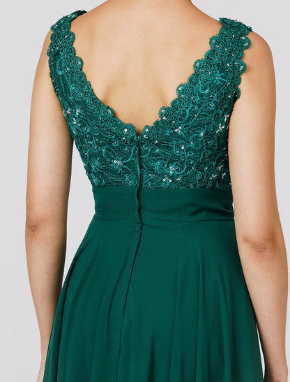 Wedding Guest Formal Evening Floor Length Sleeveless V Neck Chiffon V Back with Sash / Ribbon Beading