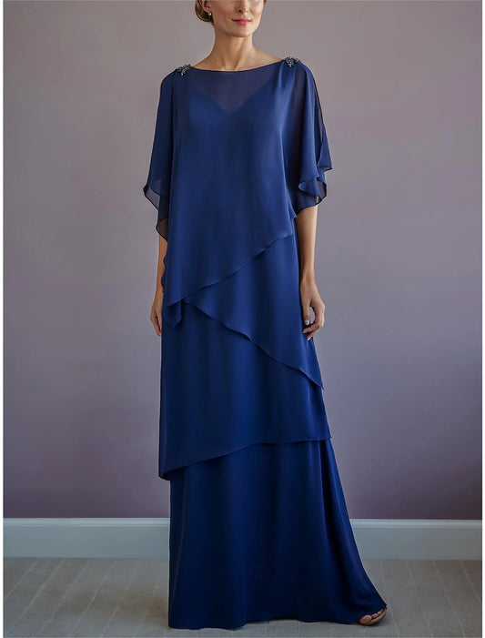 A-Line Mother of the Bride Dress Formal Wedding Guest Elegant Bateau Neck Floor Length Chiffon Half Sleeve