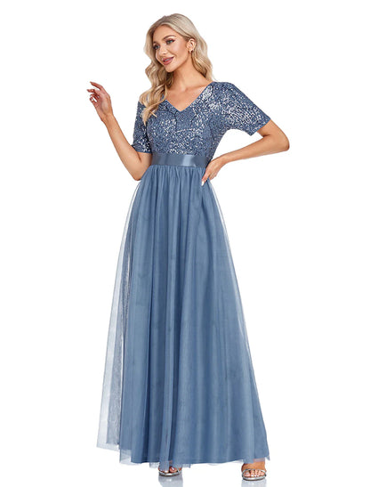 Evening Gown Elegant Dress Wedding Guest Floor Length Short Sleeve V Neck Tulle with Sequin Splicing