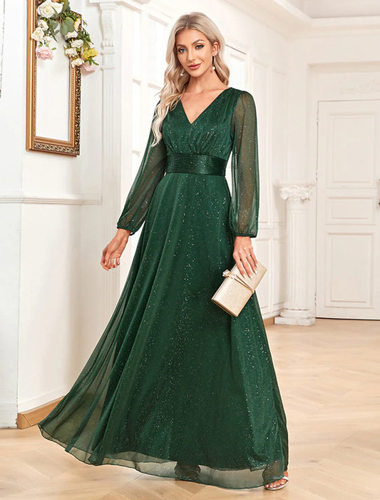 Evening Gown Elegant Dress Formal Floor Length Long Sleeve V Neck Chiffon with Sequin