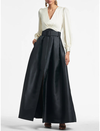 A-Line Evening Gown Party Dress Elegant Dress Formal Wedding Guest Floor Length Short Sleeve V Neck Belt / Sash Satin
