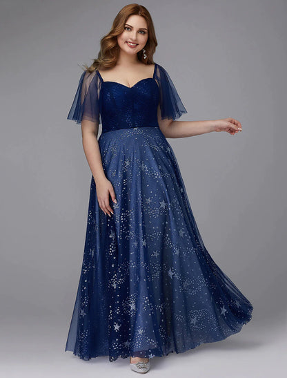 A-Line Plus Size Evening  Dress Floor Length Short Sleeve Sweetheart Tulle Lace-up with Beading Pattern / Print