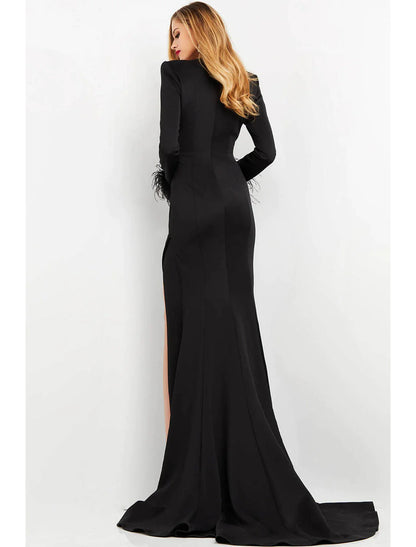 Mermaid / Trumpet Prom Dresses Maxi Dress Formal Sweep / Brush Train Long Sleeve V Neck with Feather Slit Pure Color