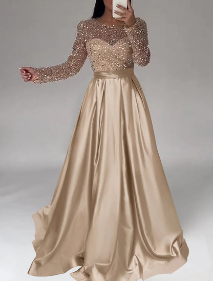 A-Line Evening Gown Elegant Dress Wedding Black Tie Floor Length Long Sleeve Jewel Neck Satin