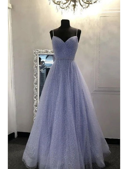A-Line Prom Dresses Sparkle & Shine Dress Party Dress Birthday Floor Length Sleeveless Spaghetti Strap Tulle