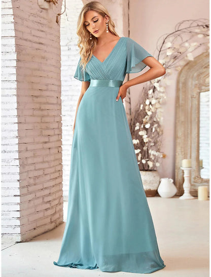 Evening Gown Party Dress Empire Dress Wedding Guest Formal Evening Floor Length Short Sleeve V Neck Bridesmaid Dress Chiffon V Back with Ruffles Pure Color