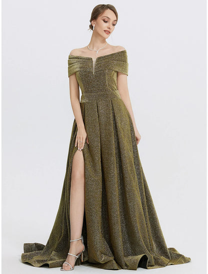 Evening Gown Elegant Dress Formal Sweep / Brush Train Sleeveless Sweetheart Charmeuse with Glitter Slit