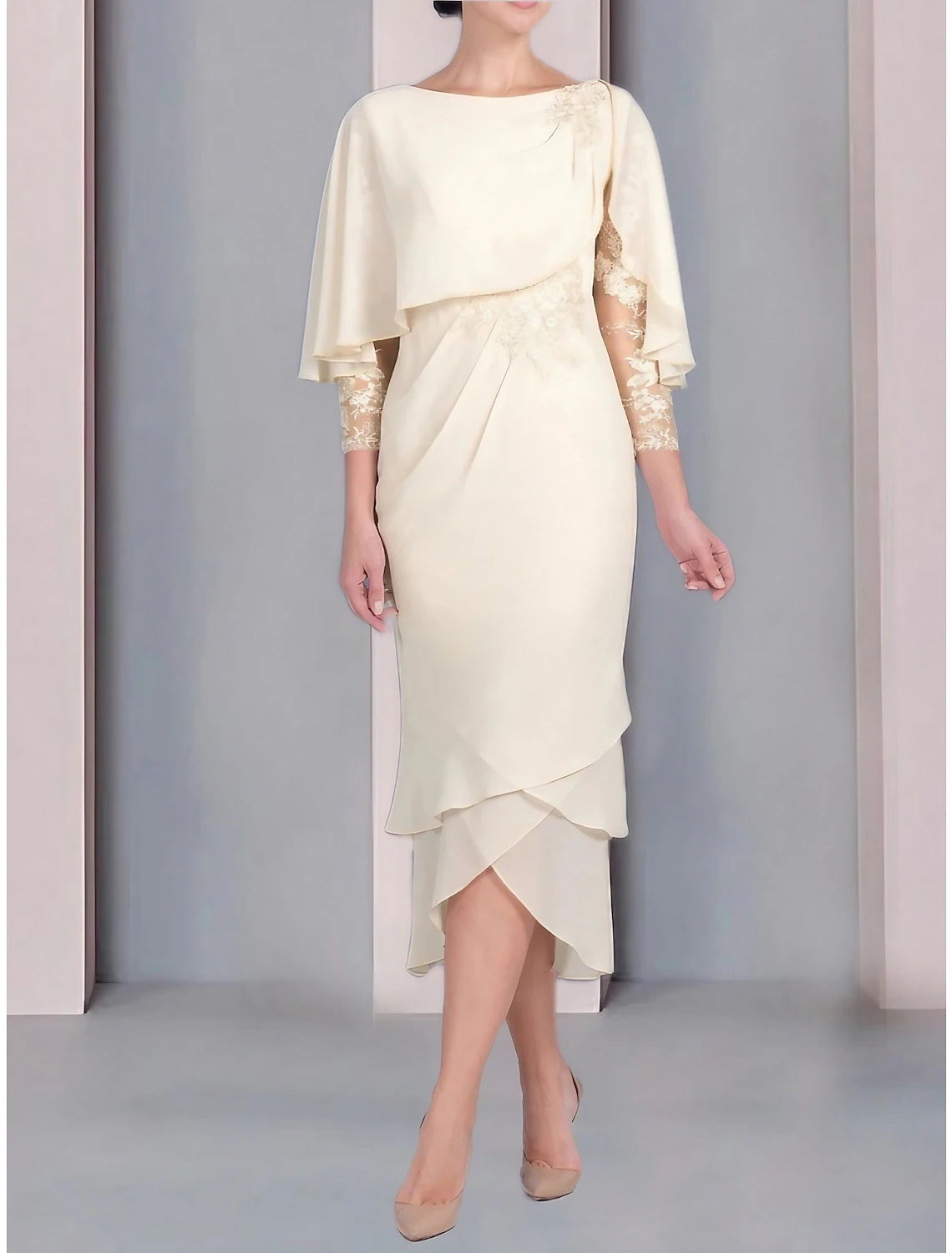 Sheath / Column Mother of the Bride Dress Wedding Guest Elegant Petite Scoop Neck Tea Length Chiffon 3/4 Length Sleeve