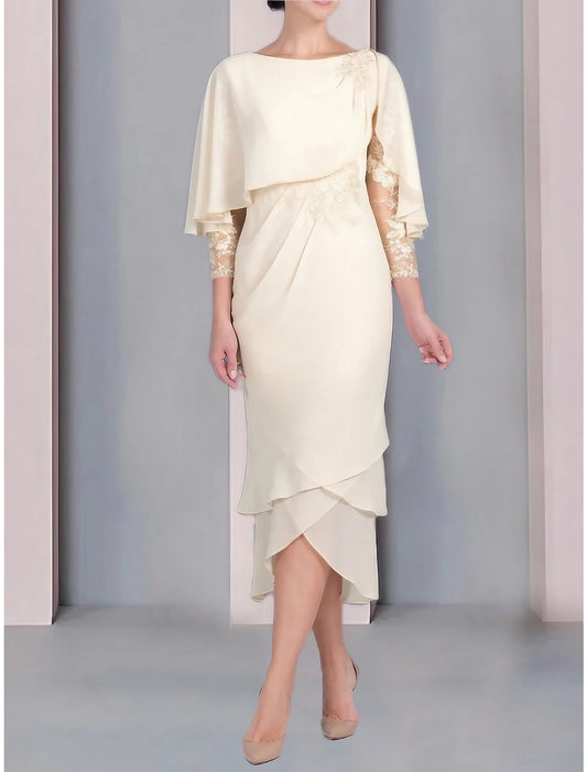 Sheath / Column Mother of the Bride Dress Wedding Guest Elegant Petite Scoop Neck Tea Length Chiffon 3/4 Length Sleeve