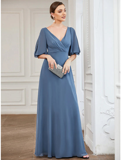 Evening Gown Minimalist Dress Wedding Guest Prom Floor Length Half Sleeve V Neck Chiffon with Pleats