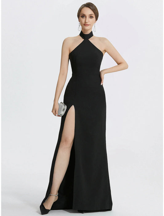 Sheath / Column Evening Gown Black Dress Dress Wedding Guest Prom Floor Length Sleeveless Halter Neck with Ruched