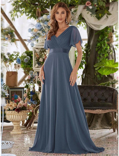 Evening Gown Party Dress Empire Dress Wedding Guest Formal Evening Floor Length Short Sleeve V Neck Bridesmaid Dress Chiffon V Back with Ruffles Pure Color