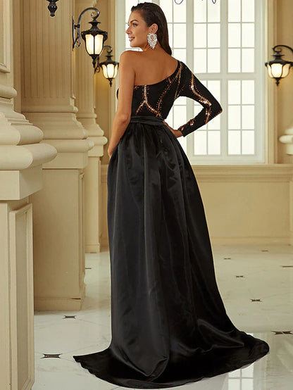 Evening Gown Sexy Dress Formal Court Train Long Sleeve One Shoulder Polyester with Sequin
