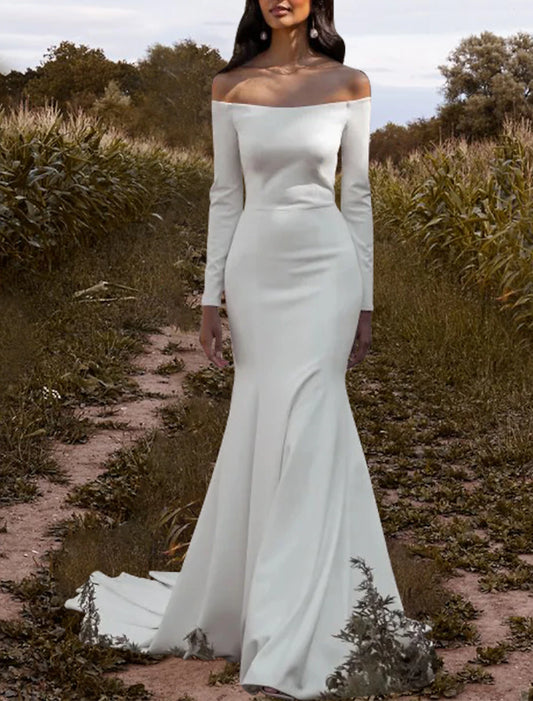 Hall Simple Wedding Dresses Mermaid / Trumpet Off Shoulder Long Sleeve Court Train Stretch Fabric Bridal Gowns