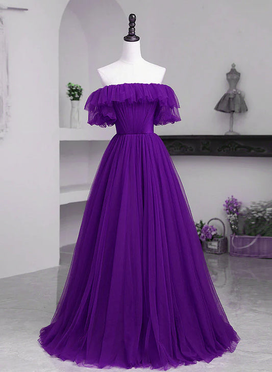 Dark Purple Tulle Off Shoulder Long Party Prom Dress