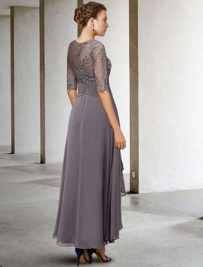 A-Line Mother of the Bride Dress Wedding Guest Elegant Plus Size High Low V Neck Asymmetrical Ankle Length Chiffon Lace Half Sleeve