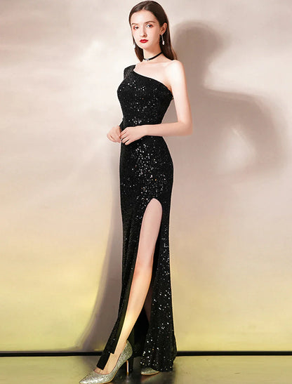 Evening Gown Sparkle Dress Wedding Guest Prom Floor Length Sleeveless One Shoulder Sequined with Sequin Slit