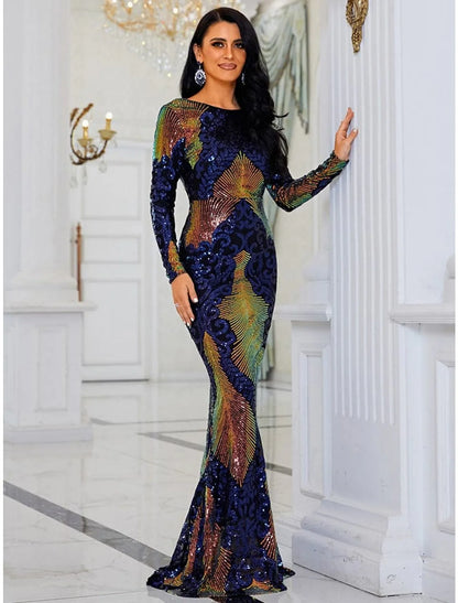 Evening Gown Elegant Dress Formal Sweep / Brush Train Long Sleeve Scoop Neck Sequined with Glitter Pleats