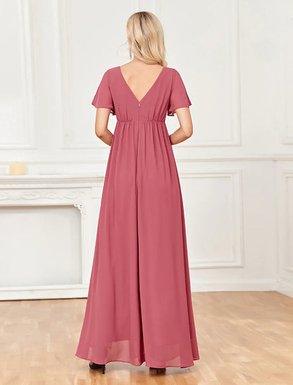 Evening Gown Empire Dress Party Wear Floor Length Short Sleeve V Neck Chiffon V Back with Slit