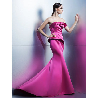 Evening Dress Strapless Sleeveless Sweep / Brush Train Satin with Flower