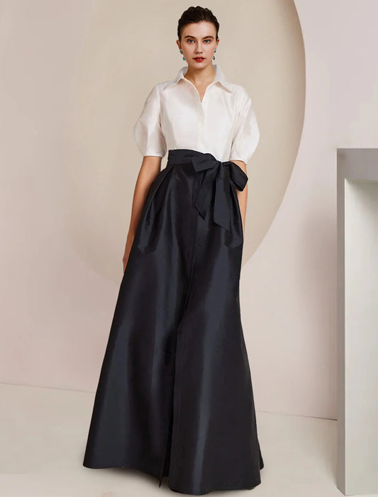 A-Line Mother of the Bride Dress Formal Wedding Guest Elegant Party Shirt Collar Floor Length Taffeta Short Sleeve