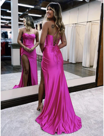 Prom Dresses Empire Dress Formal Wedding Party Sweep / Brush Train Sleeveless Spaghetti Strap Satin Backless with Pleats