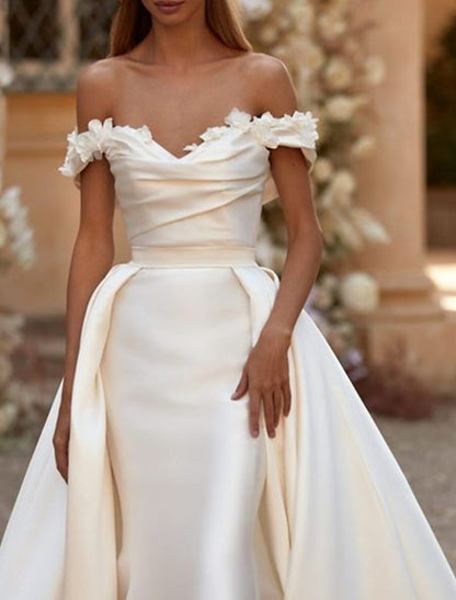 Engagement Formal Wedding Dresses Sheath / Column Off Shoulder Cap Sleeve Court Train Satin Bridal Gowns