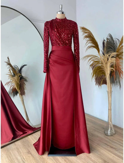 Evening Gown Christmas Red Green Dress Formal Sweep / Brush Train Long Sleeve Jewel Neck Satin with Pleats Ruched Sequin