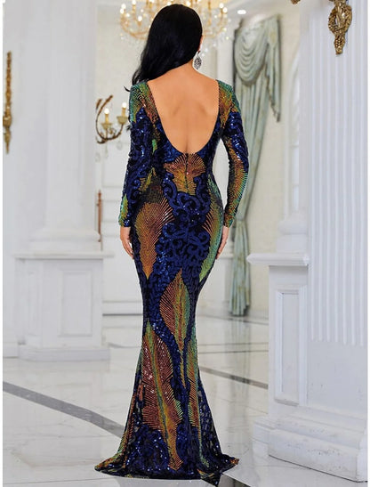 Evening Gown Elegant Dress Formal Sweep / Brush Train Long Sleeve Scoop Neck Sequined with Glitter Pleats