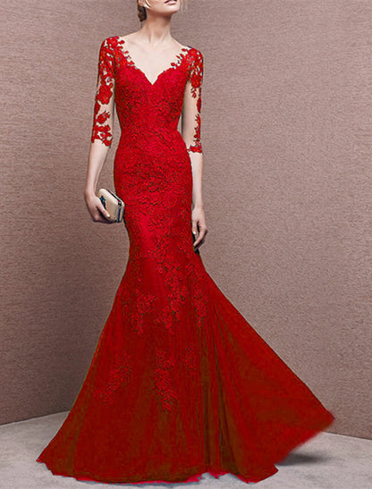 Mermaid / Trumpet Prom Gown Elegant Dress Formal Wedding Guest Floor Length Half Sleeve V Neck Tulle