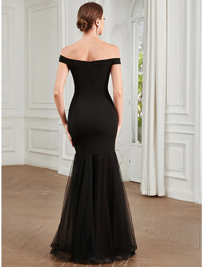 Evening Gown Elegant Dress Party Wear Floor Length Sleeveless Off Shoulder Polyester with Pleats