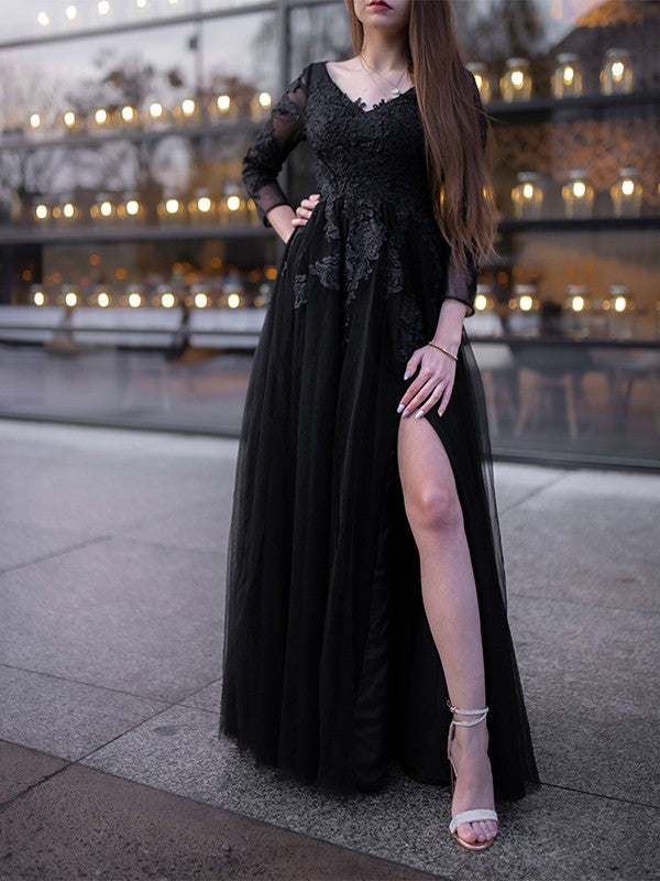 Tulle Long Sleeves Applique Off-the-Shoulder Floor-Length Dresses