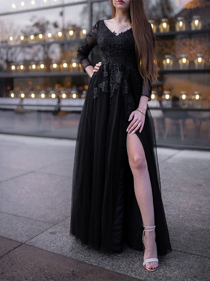 Tulle Long Sleeves Applique Off-the-Shoulder Floor-Length Dresses